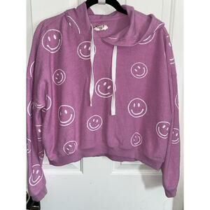 Girls Cropped Smiley Face Hot Pink Hoodie Size Small